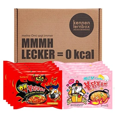 Abbildung von Kennenlernbox 10er Buldak Box Samyang Hot Chicken Ramen Combo 5er Pack 2 x Spicy &amp; Carbonara (2x Carbonara) Angebot MhD 15.12.24 21.12.24