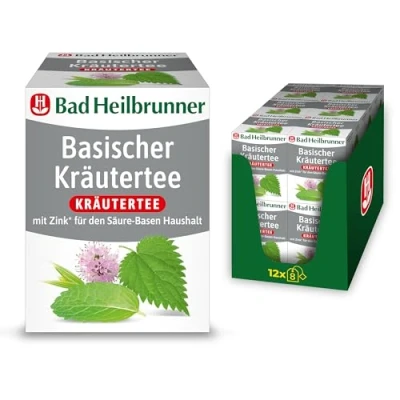 Abbildung von Bad Heilbrunner Basischer Kräutertee im Filterbeutel Brennnessel Pfefferminze Haferkraut grün mit Zink für den Säure Basen Haushalt eine basische Ernährung (12 x 8 Filterbeutel)