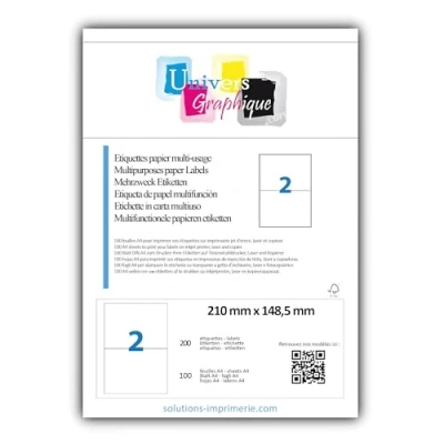 Abbildung von 100 Bogen DIN A4 zu je 2 Etiketten (210 x 148,5 mm)= 200 bedruckbare Etiketten, permanent haftend, mattweiß. Kompatibel mit allen gängigen Drucksystemen und Softwareprogrammen Grammatur 70gr/m2