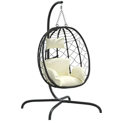 Abbildung von vidaXL Hollywoodschaukel Hängesessel Ei mit Kissen Cremeweiß Poly Rattan &amp; Stahl, 1 tlg.