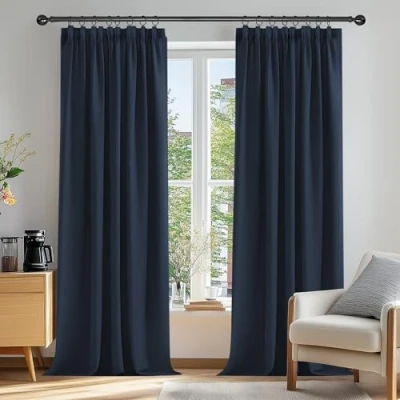 Abbildung von Deconovo Blickdicht Gardinen Kräuselbandschal Verdunkelungsvorhang Thermogardine Kälteschutz, 229x229cm(HöhexBreite), Dunkelblau, 2er Set