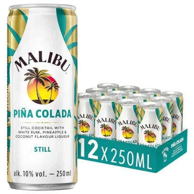 Abbildung von Malibu Piña Colada, fruchtig frischer Mix aus weißem Rum, Ananas Geschmack und Kokos Likör, vorgemischter Cocktail, 12 Dosen à 250 ml, 10 Vol. %
