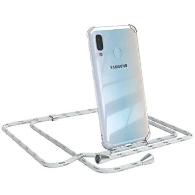 Abbildung von EAZY CASE Handykette kompatibel mit Samsung Galaxy A20e Handyhülle Umhängeband, Handykordel Schutzhülle, Silikonhülle, Hülle Band, Stylische Kette für Smartphone, Weiß/Silber