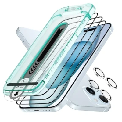 Abbildung von ESR iPhone 15 Plus für Panzerglas, Armorite Displayschutzfolien Set, extrem robustes gehärtetes Glas, Rahmen einfache Anbringung, 3 Stück mit 2 Sätze individuellem Kamera Schutz