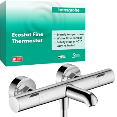 Abbildung von hansgrohe Ecostat Fine Wannenthermostat Aufputz, Wannenarmatur mit Sicherheitssperre (SafetyStop) bei 40 C, Thermostat für die Badewanne, Mischbatterie 2 Verbraucher, Chrom, 13325000