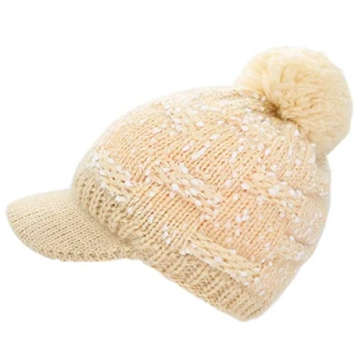 Abbildung von dy_mode Strickmütze Damen Schirmmütze mit Bommel und Innenfutter Winter Mütze A313 (A313 Vanilla)