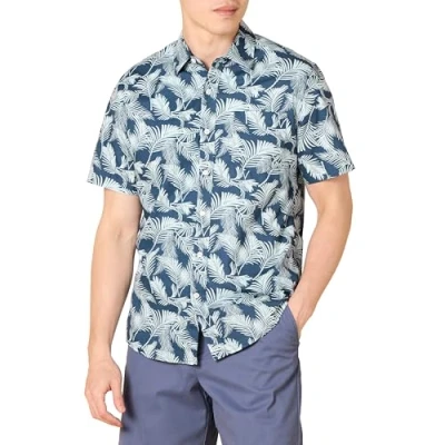 Abbildung von Amazon Essentials Herren Kurzärmeliges Druckhemd, Schmale Passform, Aquablau Marineblau Palmenwedel, XL