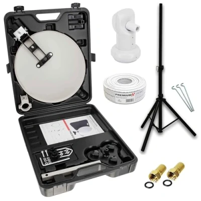 Abbildung von PremiumX Camping TV SAT Anlage Satelliten Schüssel Single LNB 10m Kabel F Stecker im Koffer Camp Stativ