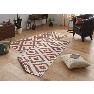 Abbildung von NORTHRUGS Outdoor Teppich Malta Wendeteppich Wetterfest Modernes Geometrisches Muster Läufer für Balkon Terrasse Garten Wintergarten Wohnzimmerteppich Wasserfest, Polypropylen, Terra,Creme, 80x350cm