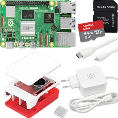 Abbildung von Raspberry Pi 5 16GB Starter Kit USB C 45W Netzteil Gehäuse mit Lüfter 64GB SD Karte 4K Micro HDMI Kabel