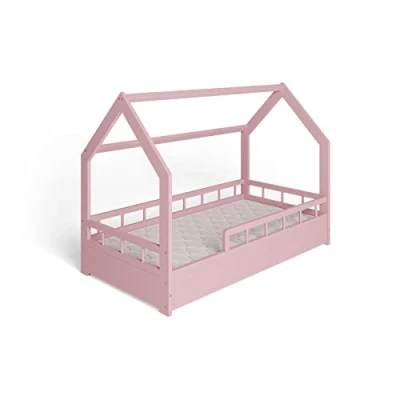 Abbildung von ms factory Hausbett mit Matratze Kinderbett 80x160 cm Rausfallschutz und Lattenrost Einzelbett aus Kiefernholz für Mädchen Junge Rosa