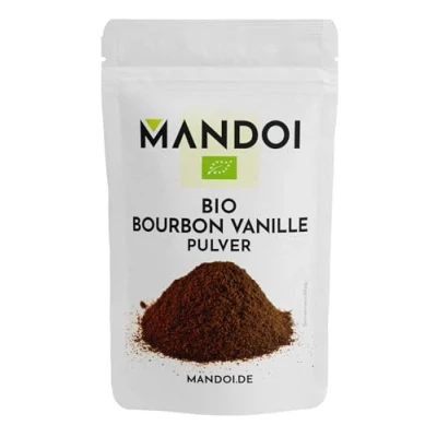 Abbildung von Mandoi BIO Bourbon Vanillepulver gemahlen, 15g. Gemahlenes Pulver von echten Vanilleschoten. Vanilla Powder aus Madagaskar. ohne Zusätze