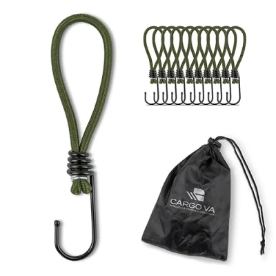 Abbildung von CargoVA® 10 Spanngummis mit Haken und praktischer Tasche Expanderhaken für Planen Netze Olivgrün 15cm [10 Stück]