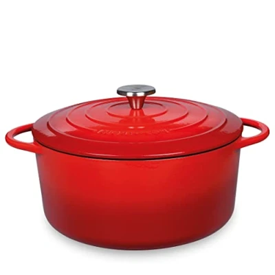 Abbildung von Küchenprofi Gusseisen Bräter mit Deckel, rot/innen schwarz, 28 cm, Schmortopf, Auflaufform, Dutch Oven, Brotbacktopf, emailliert, für alle Herdarten(inkl. Induktion), zum Schmoren, Backen, Braten