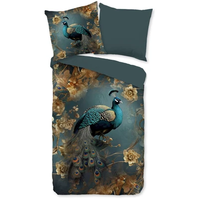 Abbildung von PURE luxury collection Wendebettwäsche &quot;Savaya&quot;, Mikrofaser, 135x200, Pflegeleicht, Wende, Pfau, Blumen, Petrol, Gold