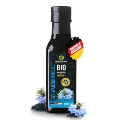 Abbildung von Kräuterland Bio Schwarzkümmelöl 100ml, UNGEFILTERT, kaltgepresst, 100% Nigella Sativa, ohne Zusatz von Aromen, Frabstoffe, Konservierungsstoffe direkt aus unserer hessischen Ölmühle