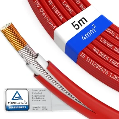 Abbildung von hb digital 5m Solarkabel 4mm² H1Z2Z2 K TÜV Rheinland geprüft UV beständig flexibel PV Kabel Reines Kupfer 1500V Verlängerungskabel Photovoltaik für Solarpanel Laderegler rot