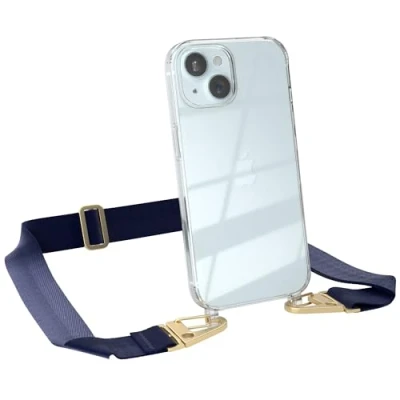 Abbildung von EAZY CASE Hülle mit Band kompatibel iPhone 15 Handyhülle Umhängeband für Silikonhülle Transparent Schutzhülle Handykette zum Umhängen Handykordel Smartphone in Blau Gold