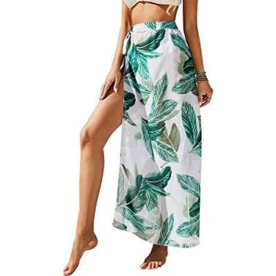 Abbildung von Damen Sarong Pareo für Strandurlaub, Lange Strandkleid Sommer Bikini Cover Up Chiffon Badeanzug Wickelrock Strand Rock Frauen Mädchen Side Strappy Strandrock Wear (Blätter)