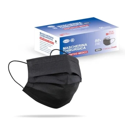 Abbildung von Medizinisch Type IIR Norm EN14683 zertifizierte Mundschutzmasken OP Masken 3 lagig Mundschutz Gesichtsmaske Einwegmaske BFE ≥ 98% surgical mask (50 Einheiten (1 Stück), Schwarz, 50)