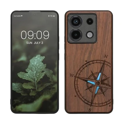Abbildung von kwmobile Hülle kompatibel mit Xiaomi Redmi Note 13 Pro 5G / Poco X6 Holz Case Handy Cover TPU Handyhülle in Dunkelbraun Vintage Kompass Perlmutt