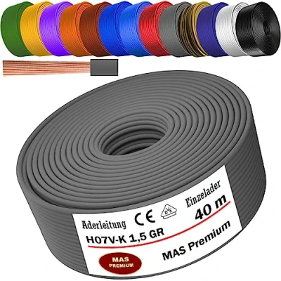 Abbildung von MAS Premium Von 5 bis 100m Aderleitung H07 V K 1x1,5 mm² SW, HBL, GNGE, GN, RT, DBL, BR, OR, GR, WS, VIO, U MAR.BL oder GE Einzelader flexibel (Grau, 40m)