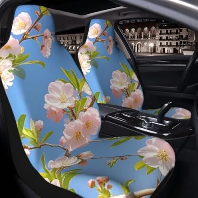 Abbildung von Autositzbezug 2 Stück Sitzbezüge für Auto Vordersitzschoner Japanische Blumen Kirschblüte Autositzmatte mit Gummiband Sitzschoner Autozubehör