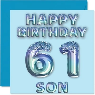 Abbildung von Geburtstagskarte zum 61. Geburtstag für Sohn, blaue Glitzer Party Luftballons, Happy Birthday Karten den 61 jährigen Sohn von Mama, Papa, Eltern, 145 mm x mm, Geburtstagsgrußkarten, Geschenk