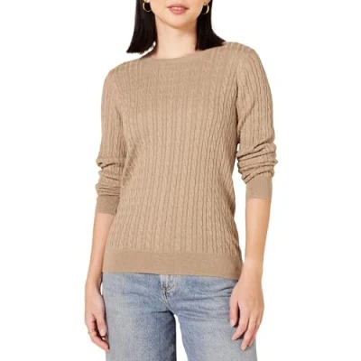 Abbildung von Amazon Essentials Damen Leichter Langarm Pullover Mit Rundhalsausschnitt Zopfmuster (Erhältlich In Übergröße), Kamelbraun Meliert, M
