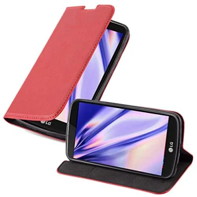 Abbildung von Cadorabo Hülle kompatibel mit LG K10 2016 aus Premium Kunst Leder Flip Klappbare Stoßfeste Magnetische [Standfunktion] [Kartenfächern] Cover für Tasche in Rot