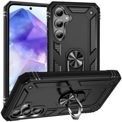 Abbildung von Verco Hybrid Armor Shield Case für Samsung Galaxy A55 5G Hülle, extrem robust mit Magnet Fingerring Halter Handyhülle Panzerhülle, Schwarz
