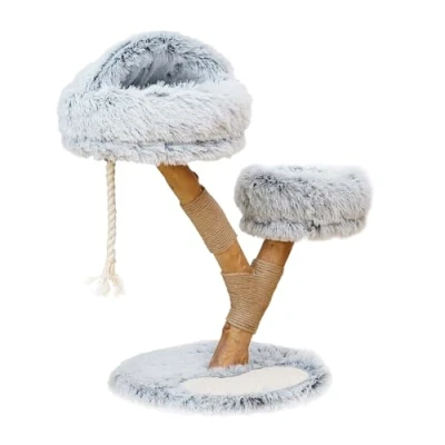 Abbildung von Fudajo Kratzbaum Zweigdesign mit Katzenhöhle 80 cm, Designer Katzenkratzbaum Plüsch und Birnbaumholz, Katzenbaum aus Holz Kratzmatte