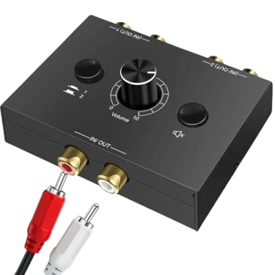 Abbildung von RCA Cinch Stereo Audio Switch 2(1) IN 1(2) Out, R/L Switcher mit Volume Control, Bidirektional Aux Sound Selector Schalter Splitter Box für CD Player Computer Lautsprecher