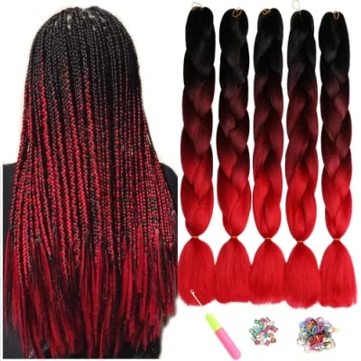 Abbildung von ShowJarlly Jumbo Braid Kunsthaar Haar, Ombre Extension, 24 Zoll Kanekalon Flechten Extensions 5 Stücke Für Crochet Twist Haar Box Zum Einflechten Zöpfe Schwarz/Weinrot/Rot#