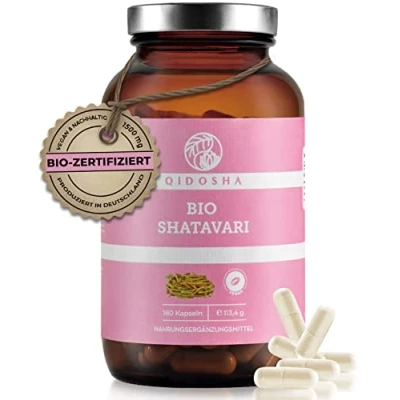 Abbildung von QIDOSHA® Bio Shatavari Kapseln hochdosiert, 180 Stk im Glas, 1500 mg Pulver je Tagesportion, bio, laborgeprueft, vegan