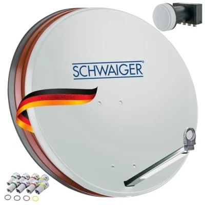 Abbildung von SCHWAIGER 531 SAT Anlage Satelliten Set Satellitenschüssel Quad LNB digital 8X F Stecker 7mm Antenne aus Aluminium Komplettset Hellgrau 74,5 x 84,5cm