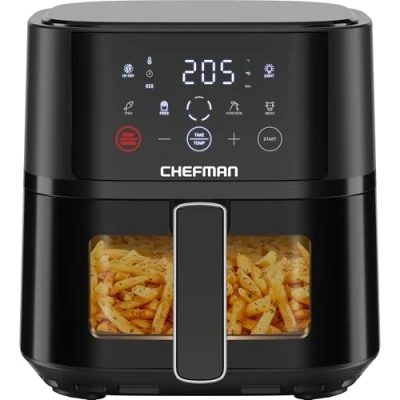 Abbildung von Chefman Heißluftfritteuse 3,75 l kompakte Heissluftfritteuse für schnelle Mahlzeiten, mit Hi Fry Technologie, Sichtfenster, Touch Controls, antihaftbeschichtet und spülmaschinenfest Schwarz