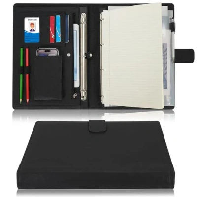 Abbildung von Wonderpool A4 PU Leder Ringhalter Schreibmappen Multi Dokumententasche mit Herausnehmbarem Binder Klemmbretter und funktioneller Tasche für Organizer Büro Reise Schule (Schwarz)