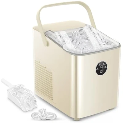 Abbildung von FOHERE Eiswürfelmaschine 14kg 24 Stunden, Eiswürfel in 5 Min, 2 Größen von Bullet Ice, Selbstreinigender Eiswürfelbereiter mit Griff, Eisschaufel u. Korb, Ice Maker für Party Büro RV (Off white)