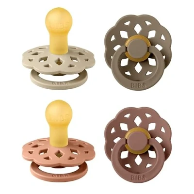 Abbildung von BIBS Boheme Schnuller 4er Pack. BPA frei, Kirschform Nippel. Naturkautschuk/Latex, Hergestellt in Dänemark. 0 6 Monate (4er Pack), Peach Mix