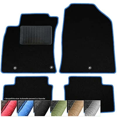 Abbildung von moto MOLTICO Fußmatten Auto Velours Autoteppiche Schwarz Automatten Set 3 teilig passend für Kia Venga Hyundai ix20 (Blaue Ziernähte)