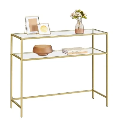 Abbildung von VASAGLE Konsolentisch, Beistelltisch, Oberfläche aus Hartglas, moderner Sofatisch, einfacher Aufbau, verstellbare Füße, Wohnzimmer, Flur, goldfarben transparent LGT025A01