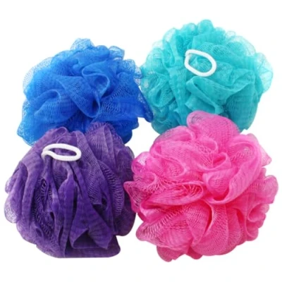 Abbildung von com four® 4X Duschschwamm Badeschwamm in tollen Farben Waschschwamm für die Dusche Massageschwamm Duschknäul [Farbauswahl variiert!] (04 Stück)
