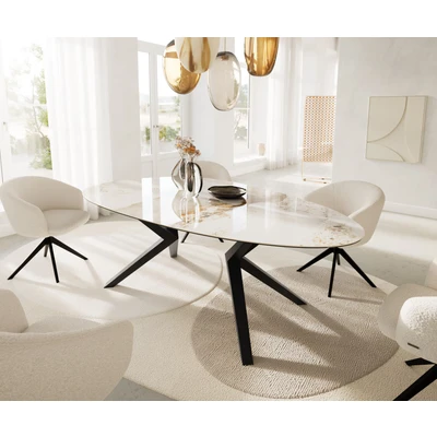 Abbildung von Esstisch Edge Oval 220x120 Keramik Minas Melange Weiß Beige Zenthara kantig Metall Schwarz
