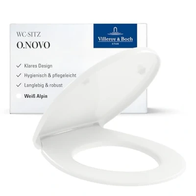 Abbildung von Villeroy &amp; Boch WC Sitz O.novo Toilettendeckel Weiß im Semi Wrap over Design aus robustem Duroplast Toilettensitz mit Edelstahl Scharnieren Bruchsicherer Klodeckel oval Original Ersatzteil