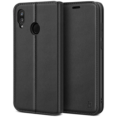 Abbildung von BEZ Hülle für Huawei P20 Lite Hülle, Handyhülle Kompatibel Tasche, Case Schutzhüllen aus Klappetui mit Kreditkartenhaltern, Ständer, Magnetverschluss, Schwarz