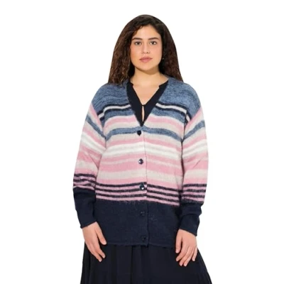Abbildung von Ulla Popken Mixed Stripe LONG Sleeve Strickjacke, Damen, Größe: 54/56, Navy blue