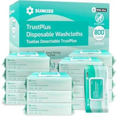 Abbildung von SUNKISS Trustplus Feuchttücher für Erwachsene, Extra Dick 20x30 cm Körperreinigungstücher mit Aloe ältere Inkontinenz &amp; Reinigung, 800 Stück (16 Packungen 50)
