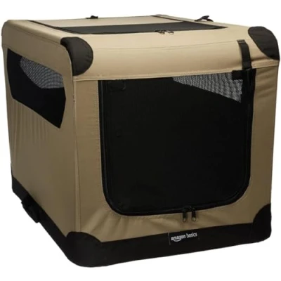 Abbildung von Amazon Basics Hundehütte mit 2 Türen, tragbar, weich, faltbar, Größe M (76 x 54 cm), Beige