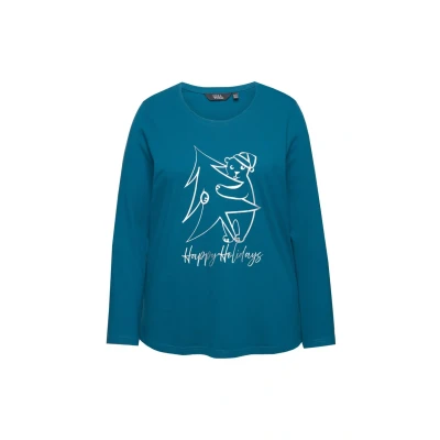 Abbildung von Ulla Popken Graphic Holiday Langarmshirt, Damen, Größe: 42/44, Teal
